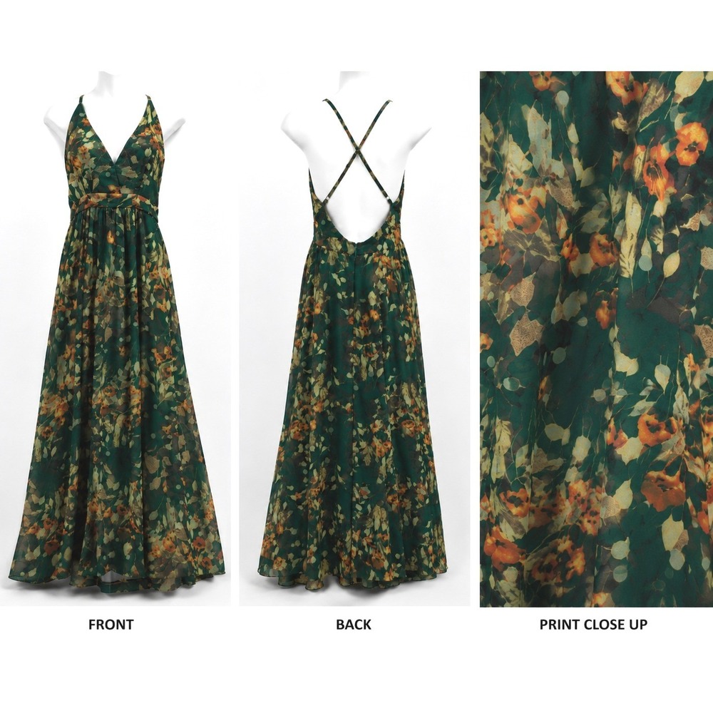 Green Floral Halter Maxi Dress Open Back Sleeveless S Boho Festival Cottagecore